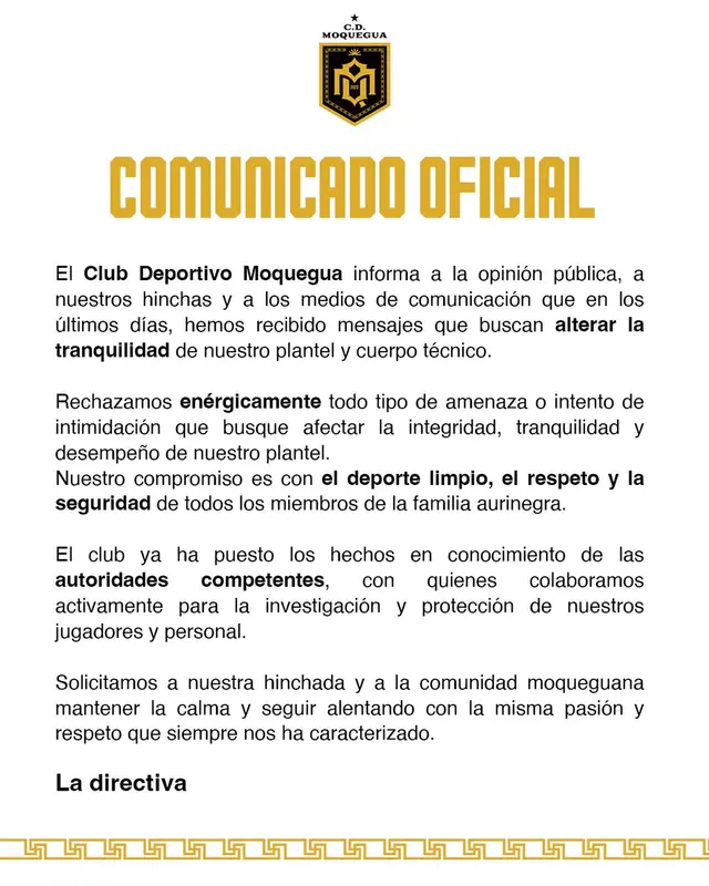 Comunicado de CD Moquegua. Foto: club_deportivo_moquegua/Instagram 