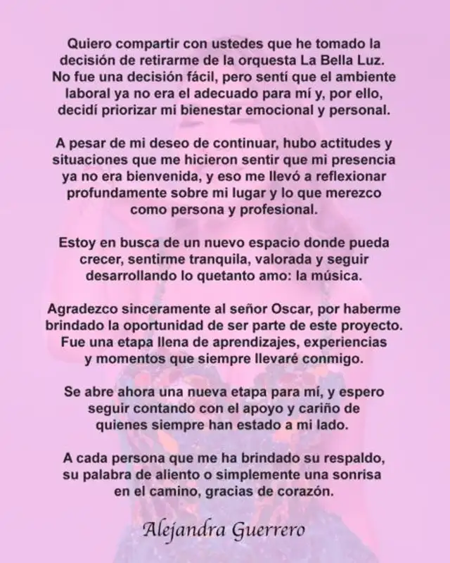 Comunicado de Alejandra Guerrero. Foto: Instagram   