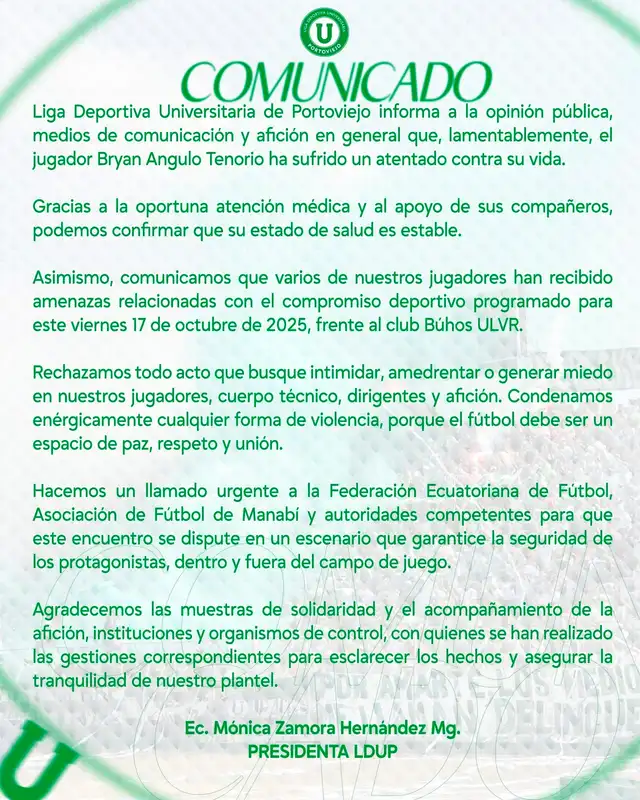 Comunicado de la Liga de Portoviejo sobre Bryan Angulo. Foto: Twitter Comunicado de la Liga de Portoviejo sobre Bryan Angulo. Foto: Twitter