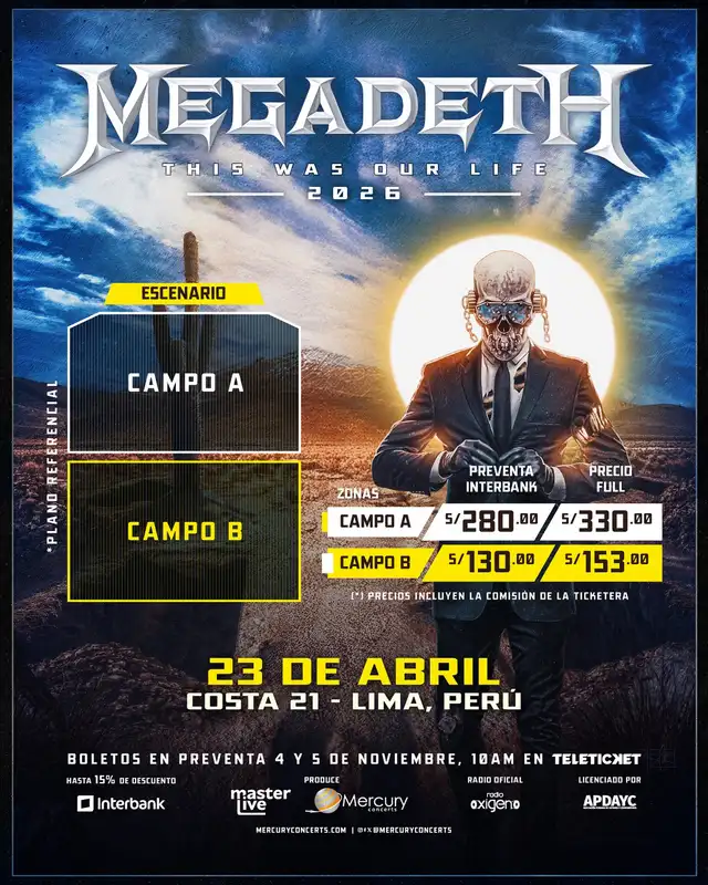  Precios de las entradas para Megadeth. Foto: Masterlive   
