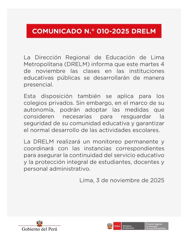 Dirección Regional de Educación de Lima anuncia que clases serán presenciales durante paro de 4 de noviembre Dirección Regional de Educación de Lima anuncia que clases serán presenciales durante paro de 4 de noviembre