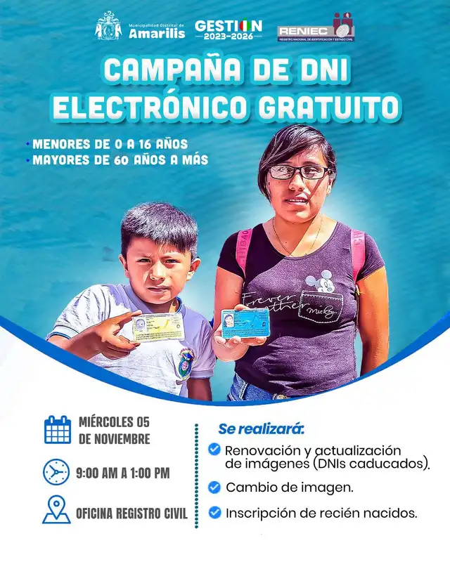 Anuncian campaña de DNI electrónico gratis. Foto: Municipalidad Amaralis.   