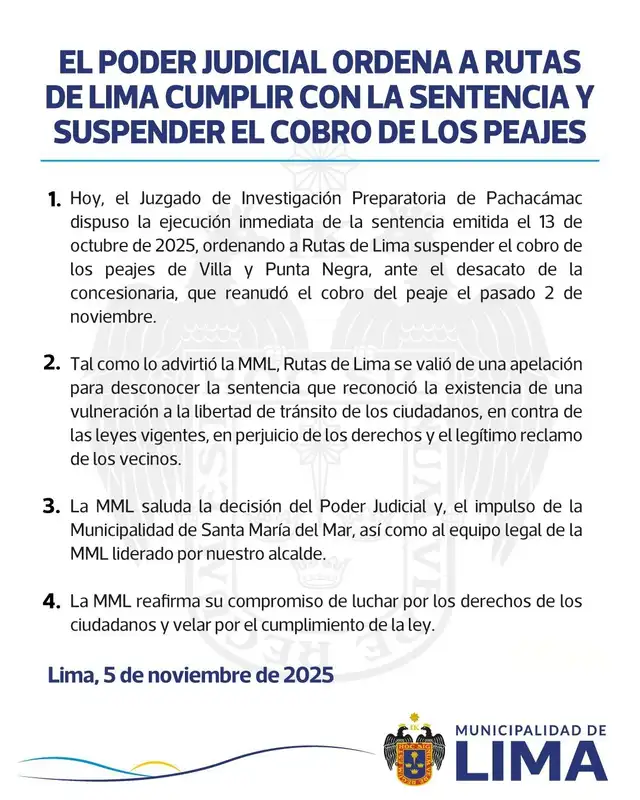  Comunicado de la Municipalidad de Lima. Foto: difusión 