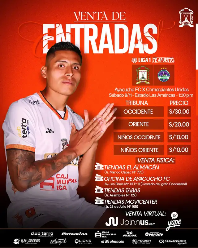 Precio de las entradas para el partido ante Comerciantes Unidos. Foto: Ayacucho FC   