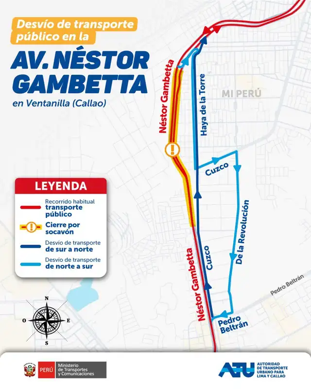 Ruta de desvíos en transporte público por avenida Néstor Gambetta. Foto: ATU. Ruta de desvíos en transporte público por avenida Néstor Gambetta. Foto: ATU.