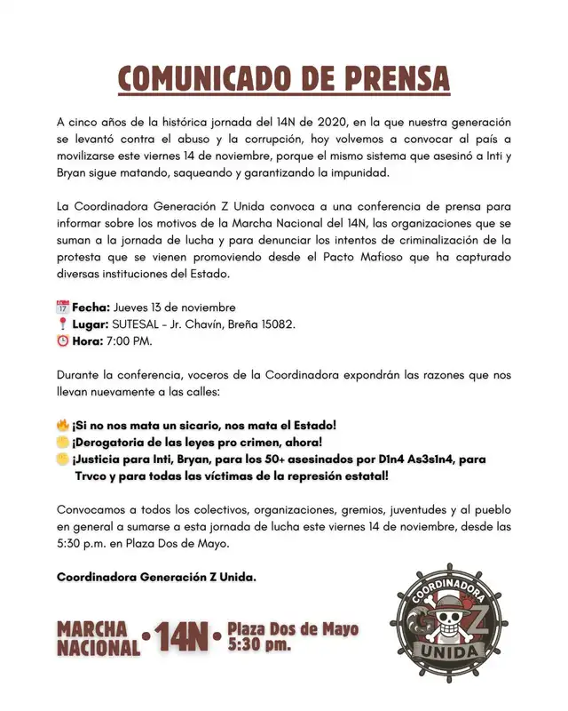 Comunicado de prensa de la Coordinadora Generación Z Unida