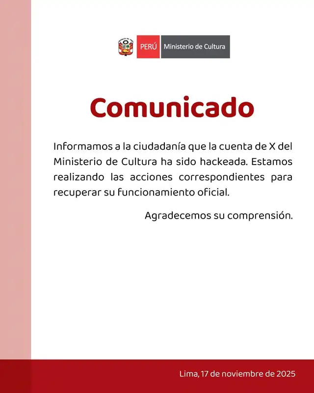 Comunicado del Ministerio de Cultura. Foto: Facebook Comunicado del Ministerio de Cultura. Foto: Facebook