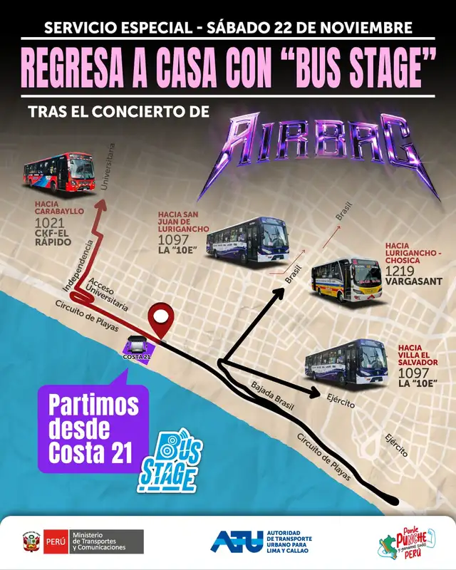 Servicio 'Bus Stage' luego del concierto de Airbag. Fuente ATU (X) Servicio 'Bus Stage' luego del concierto de Airbag. Fuente ATU (X)