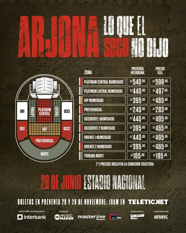 Precios de entradas para el concierto de Ricardo Arjona en el Estadio Nacional. Foto: difusión Precios de entradas para el concierto de Ricardo Arjona en el Estadio Nacional. Foto: difusión