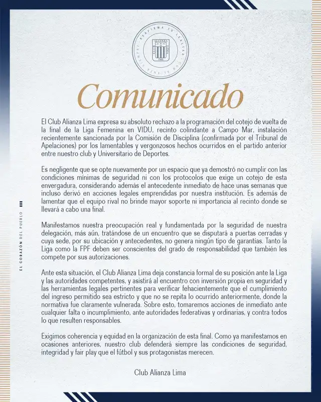 Comunicado del club íntimo. Foto: Alianza Lima Femenino   