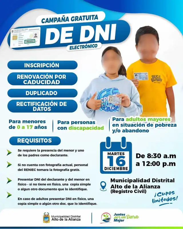  DNI gratuito en Municipalidad Alto de la Alianza este 16 de diciembre   