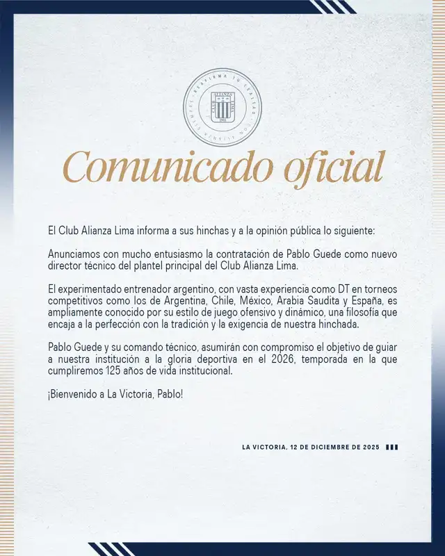 Anuncio de la contratación de Pablo Guede. Foto: Alianza Lima   