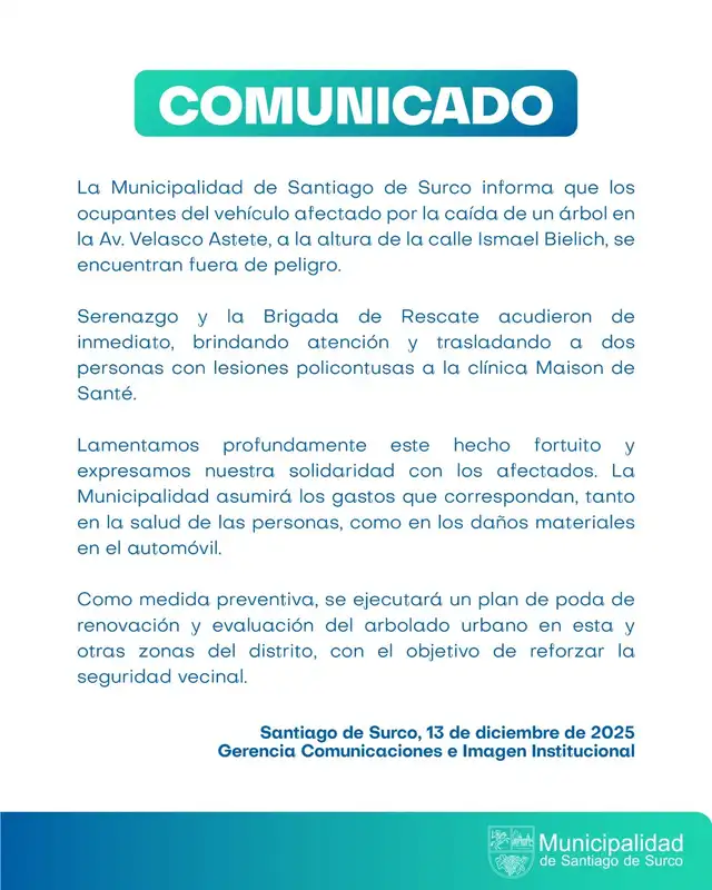 Comunicado de la Municipalidad de Surco. Foto: Municipalidad de Surco. Comunicado de la Municipalidad de Surco. Foto: Municipalidad de Surco.