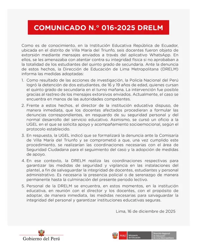 Pronunciamineto DRELM - Minedu sobre caso de extorsión a seis profesores en VMT. Pronunciamineto DRELM - Minedu sobre caso de extorsión a seis profesores en VMT.
