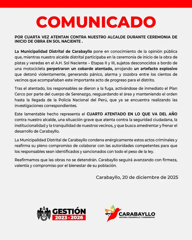  Comunicado de la municipalidad de Carabayllo. Foto: difusión 