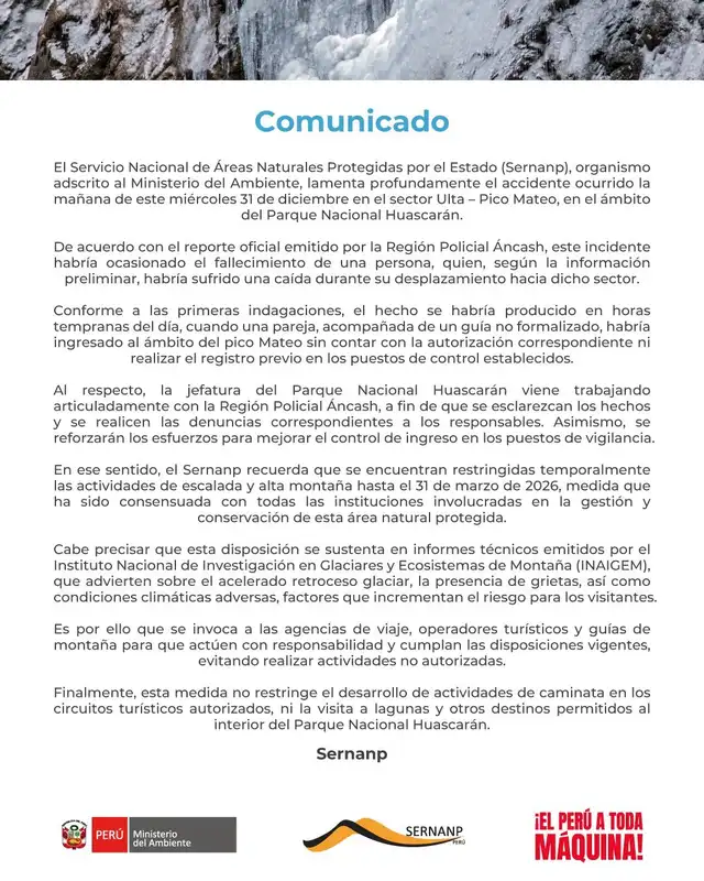  Comunicado del Sernanp tras el accidente. Foto: Sernanp.   