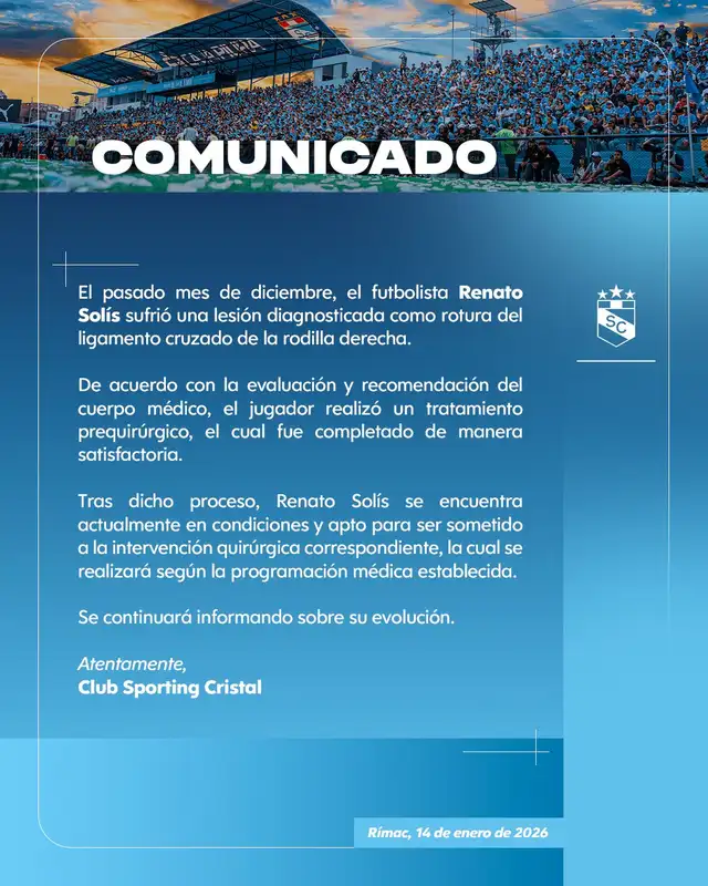 Comunicado acerca de Renato Solís. Foto: Sporting Cristal   