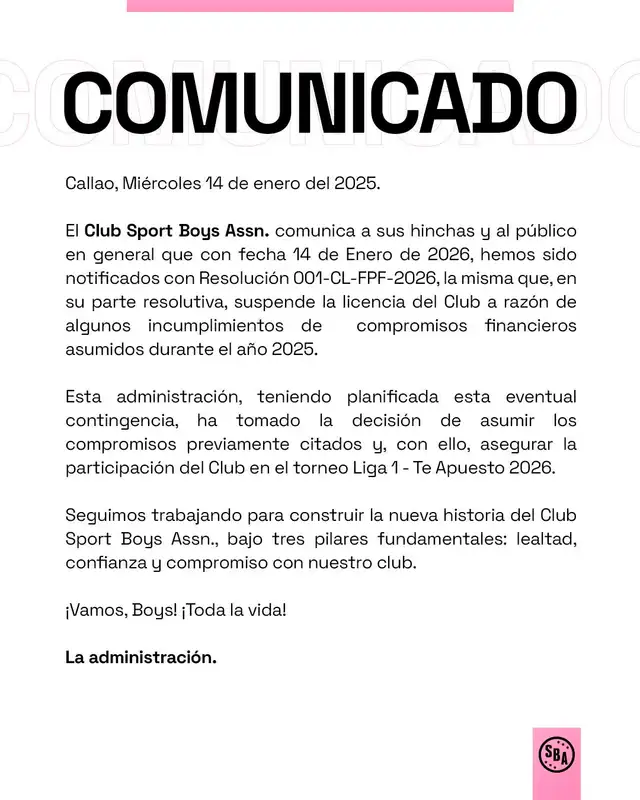 Comunicado de Sport Boys tras suspensión de licencia. Foto: Sport Boys Comunicado de Sport Boys tras suspensión de licencia. Foto: Sport Boys