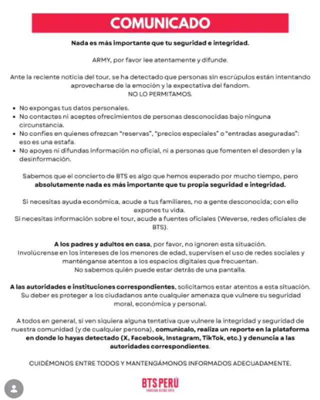 BTS Perú pone en relieve el peligro que enfrentan las fans en redes sociales. Foto: Instagram