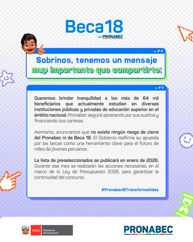 Resultados de Beca 18 saldrán en enero de 2026, anuncia Pronabec. Foto: Pronabec   