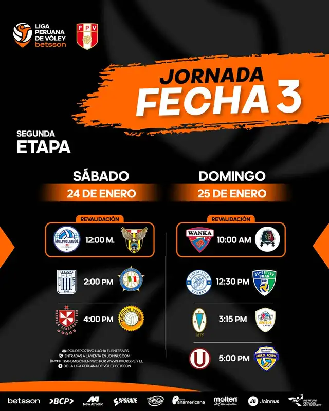 Programación de la fecha 3 en la segunda etapa. Foto: Liga Peruana de Vóley Programación de la fecha 3 en la segunda etapa. Foto: Liga Peruana de Vóley