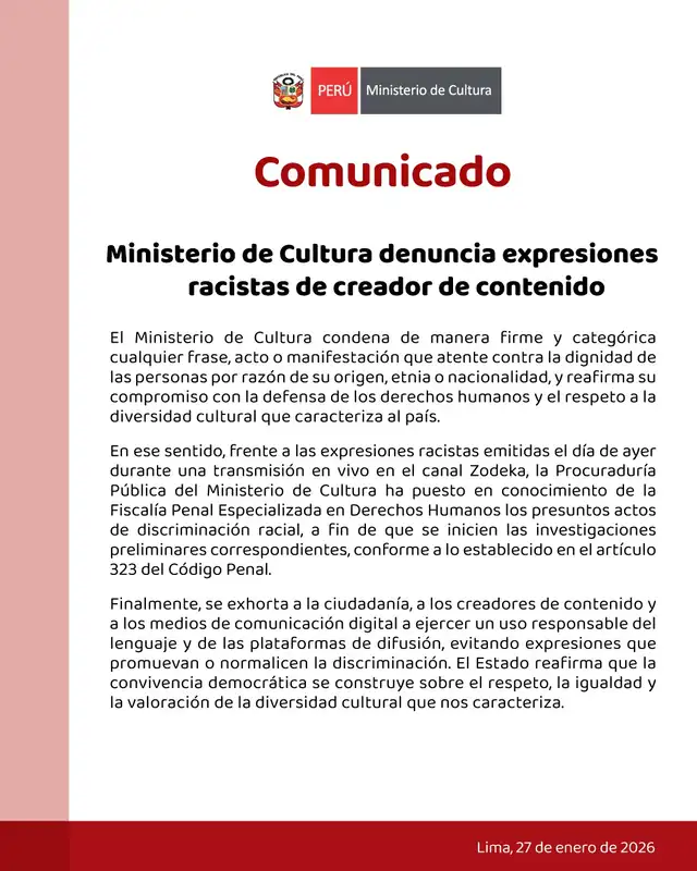 Mincul emite comunicado por caso de racismo contra Pol Deportes. Foto: Mincul   