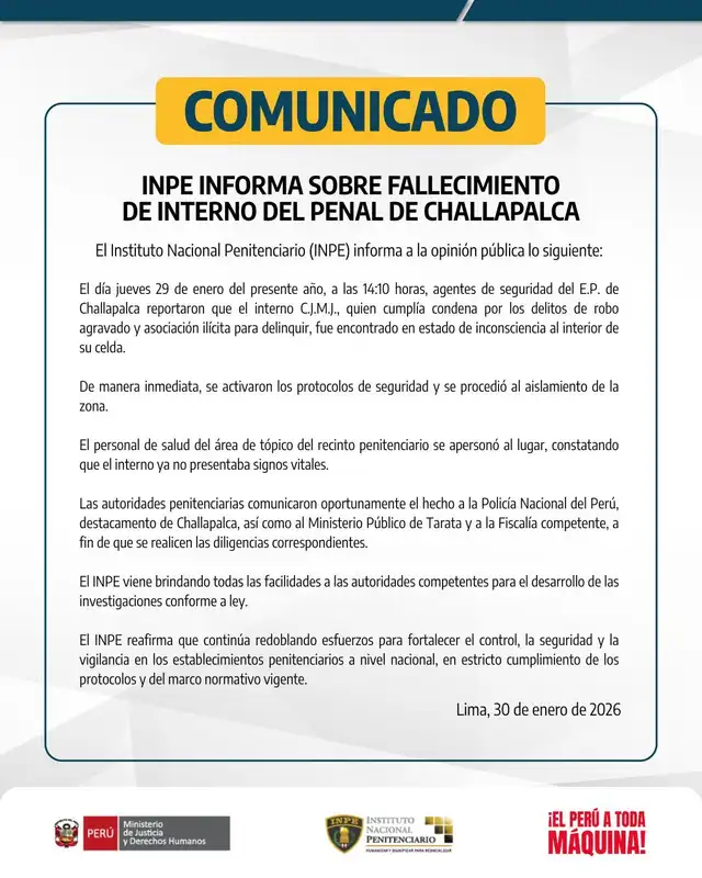  Pronunciamiento del INPE sobre el fallecimiento de un interno del penal de Challapalca. Foto: INPE   