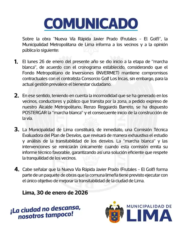  Comunicado de la Municipalidad de Lima sobre la Nueva Vía Rápida Javier Prado   