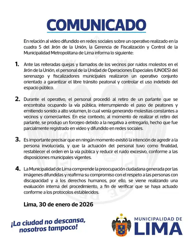  Comunicado de la Municipalidad de Lima. Foto: MML.   