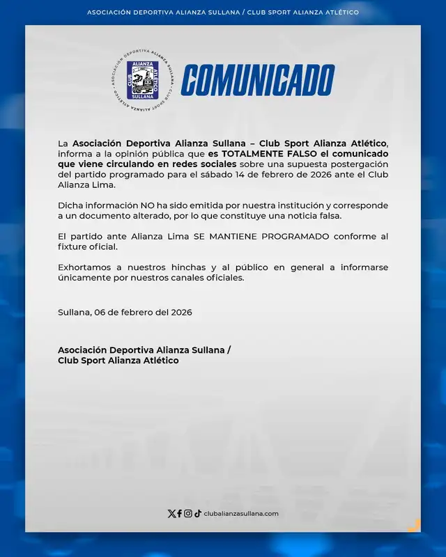 Comunicado del club churre. Foto: Alianza Atlético de Sullana   