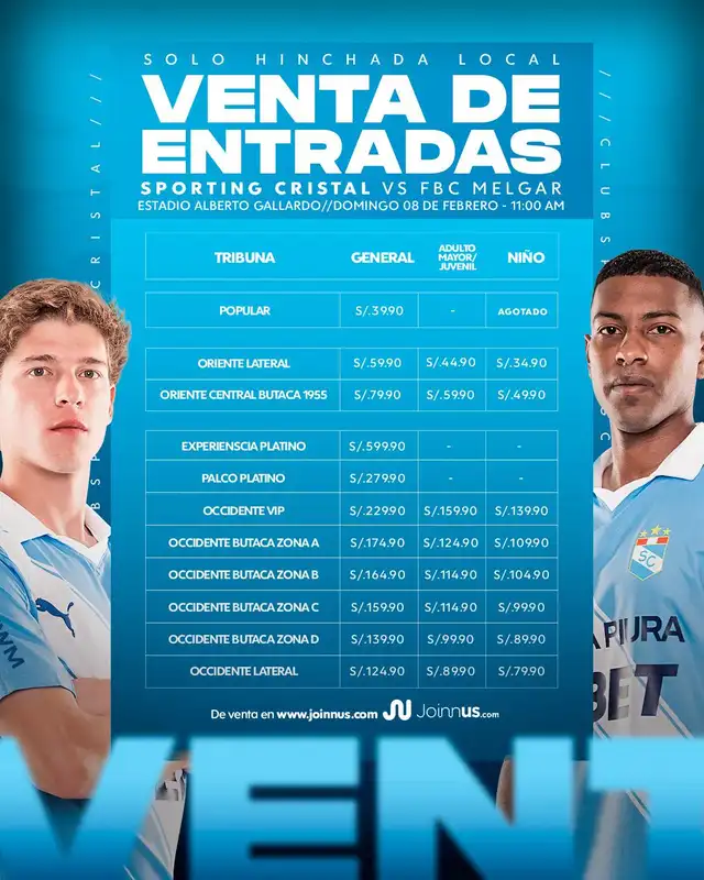 Precio de las entradas para el partido ante Melgar. Foto: Sporting Cristal 