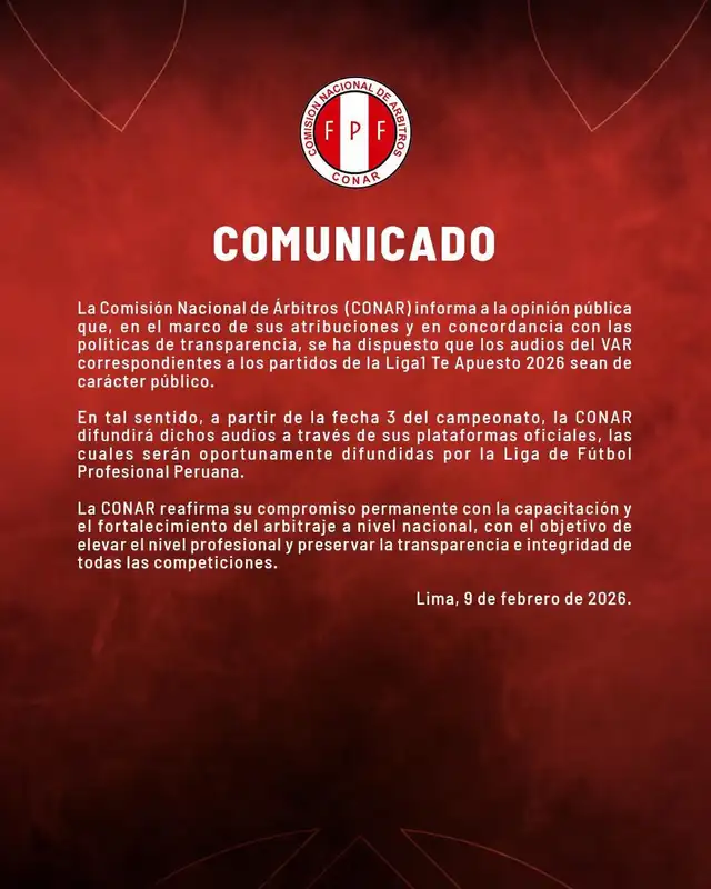 Comunicado sobre audios del VAR en la Liga 1. Foto: Conar   