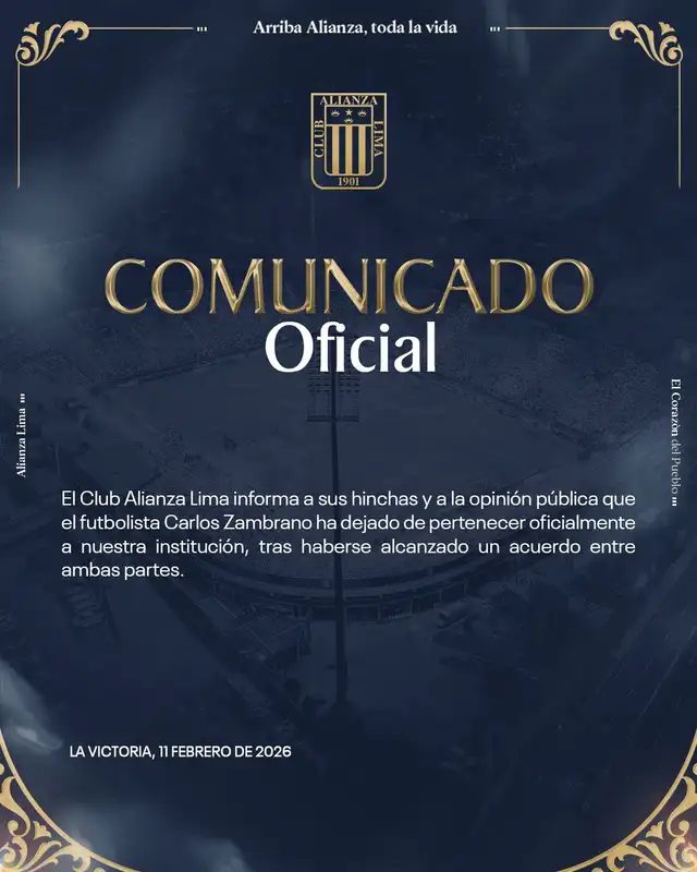 Comunicado de Alianza Lima sobre Carlos Zambrano. Foto: Alianza Lima.   