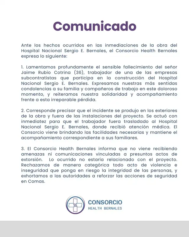  Comunicado de consorcio tras ataque armado. Foto: Consorcio Healt Bernales    
