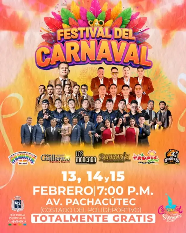 Diversos artistas de trayectoria se presentarán y celebraran el Festival del Carnaval en Cajamarca. Diversos artistas de trayectoria se presentarán y celebraran el Festival del Carnaval en Cajamarca.