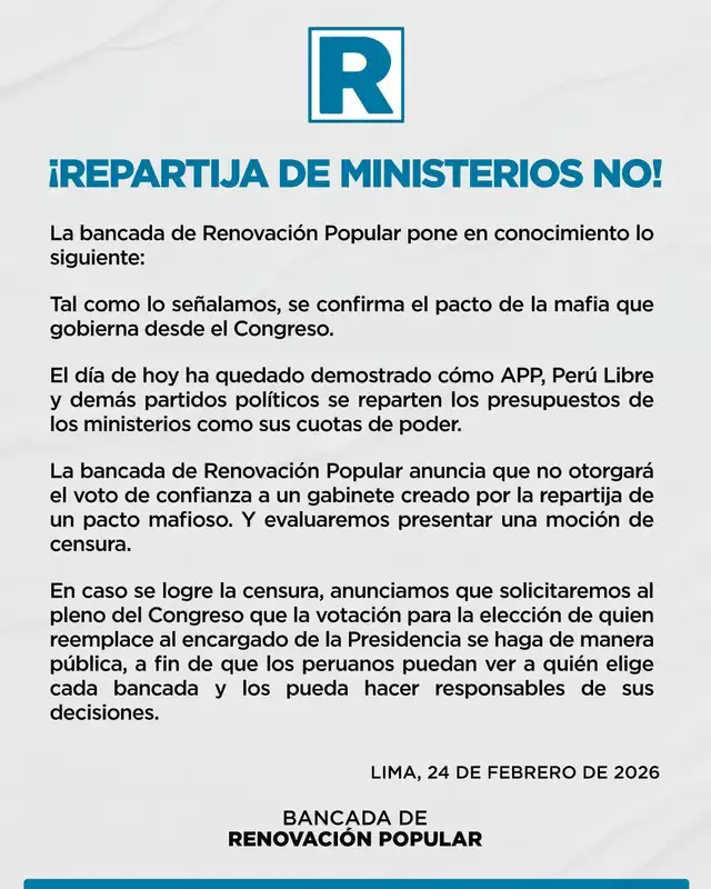  Bancada señaló que presentarán una moción de censura contra José María Balcázar. Foto: difusión   