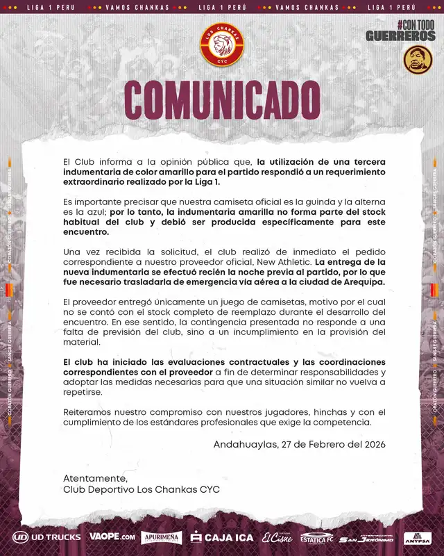 El equipo sureño explicó a qué se debió el contratiempo. Foto: Los Chankas El equipo sureño explicó a qué se debió el contratiempo. Foto: Los Chankas