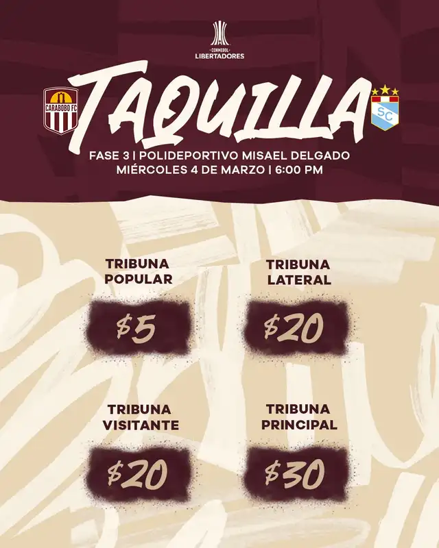 Precios de las entradas al partido contra Sporting Cristal. Foto: Carabobo Fútbol Club 