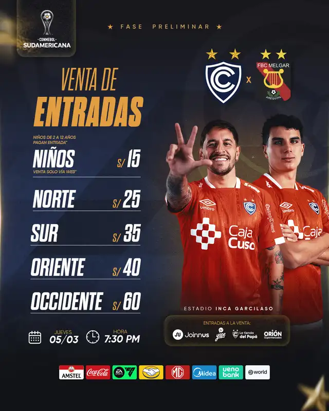 Precios de las entradas para el partido ante Melgar. Foto: Cienciano   