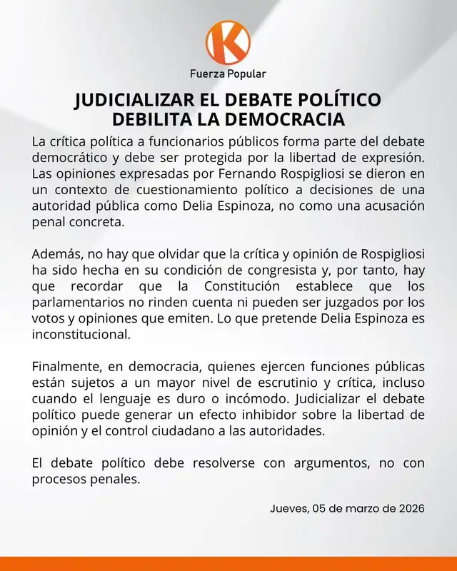  Comunicado de Fuerza Popular sobre querella de Espinoza a Rospigliosi | Composición: LR.    