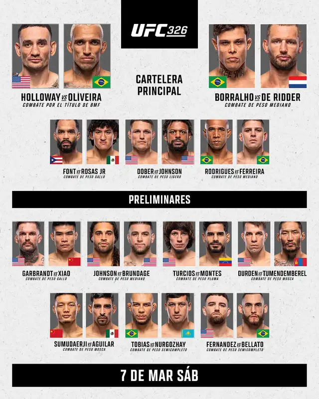 Cartelera de UFC 326 en Las Vegas. Foto: UFC   