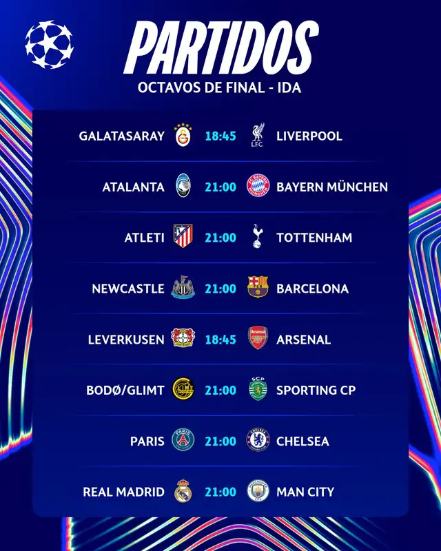 Partidos de octavos de final (según la hora de España). Foto: UEFA Champions League   