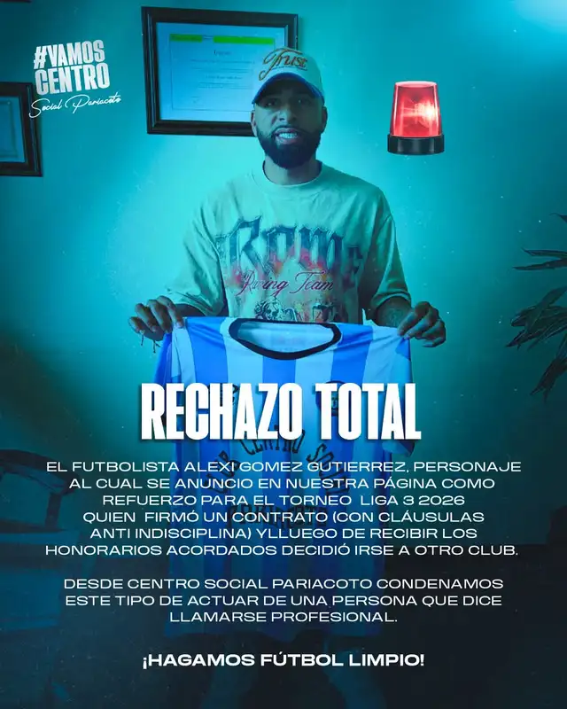 Comunicado del club ancashino sobre la 'Hiena' Gómez. Foto: Club Social Pariacoto   