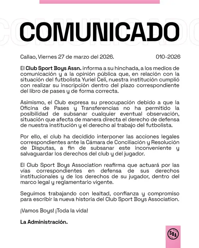 Comunicado del club rosado sobre Yuriel Celi. Foto: Sport Boys   