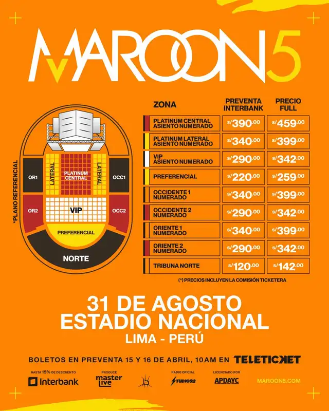 Precios de las entradas para ver a Maroon 5 en Perú 2026