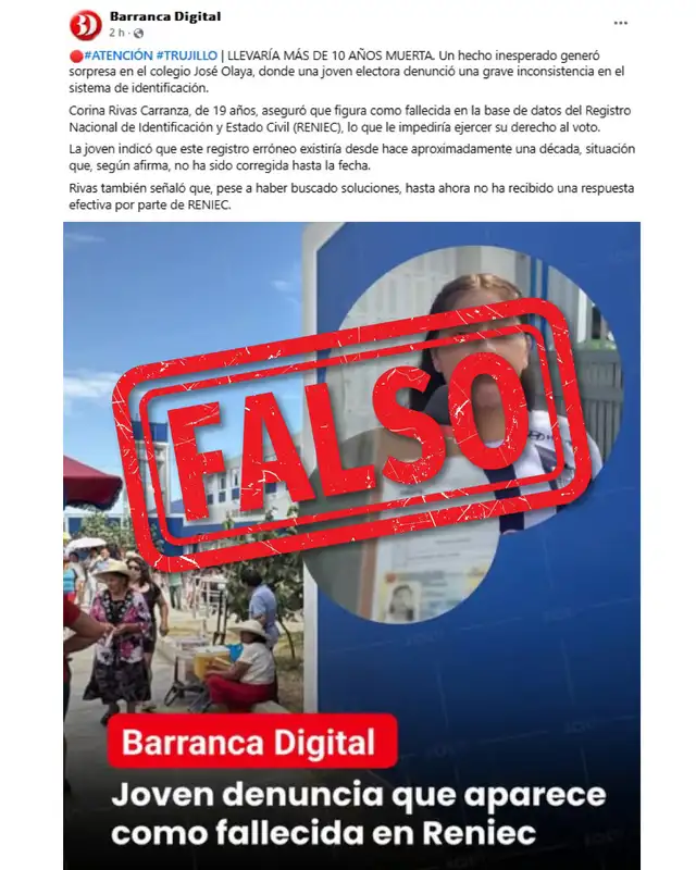 Publicación del Reniec en el que desmiente la acusación de la joven. Foto: Facebook  