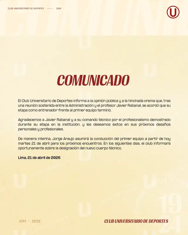 Comunicado de Universitario sobre Javier Rabanal. Foto: Universitario   