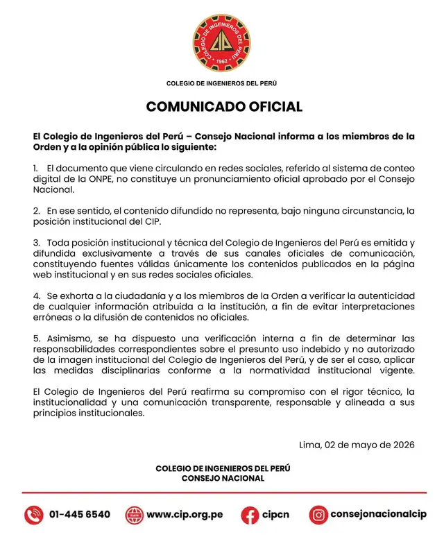 Pronunciamiento oficial del CIP. Foto: CIP  