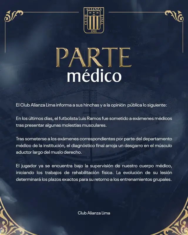 Parte médico de Alianza Lima sobre lesión de Luis Ramos. Foto: Alianza Lima Parte médico de Alianza Lima sobre lesión de Luis Ramos. Foto: Alianza Lima
