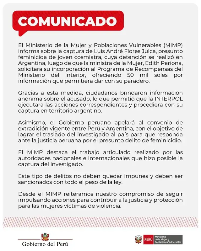 Ministerio de la Mujer anunció la captura de Luis André Flores Julca.   